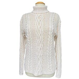 Yorkshire Knitting Cable Knit Fisherman Turtleneck Sweater Ivory Coastal Ski-S